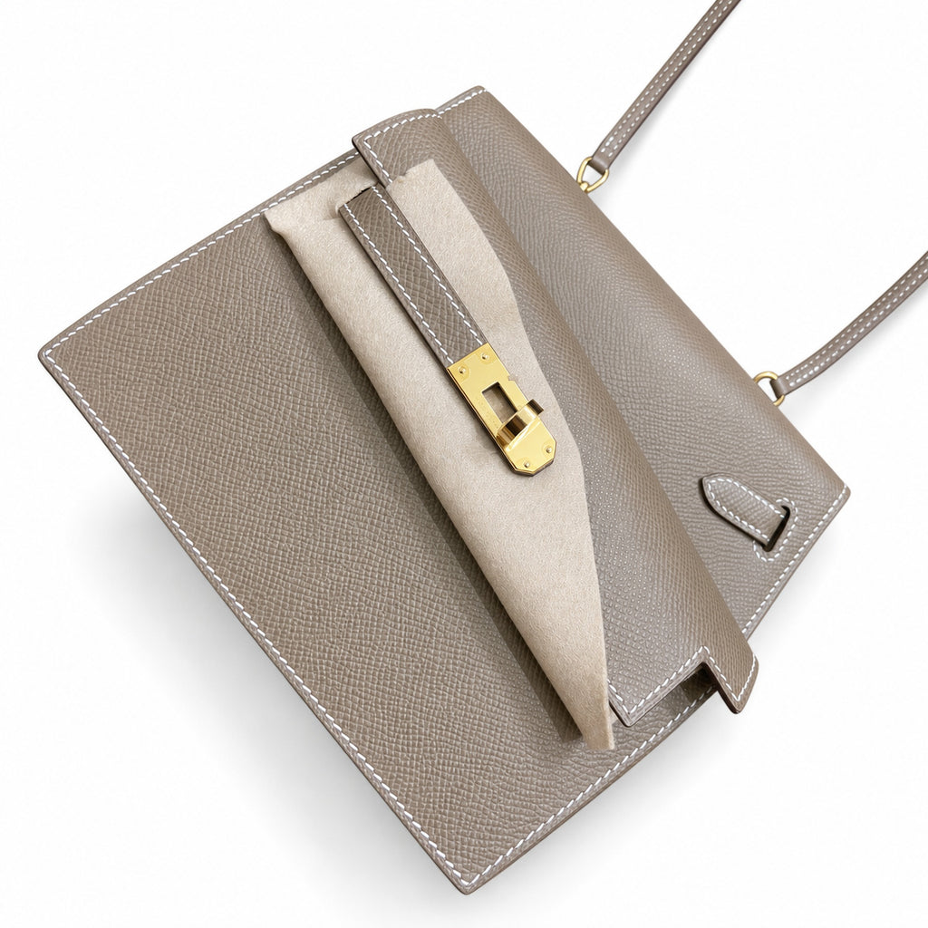 Kelly Desordre 20cm Sellier double-sided Epsom original palm print leather ck18 elephant gray Etoupe gold buckle GHw top hand sewing