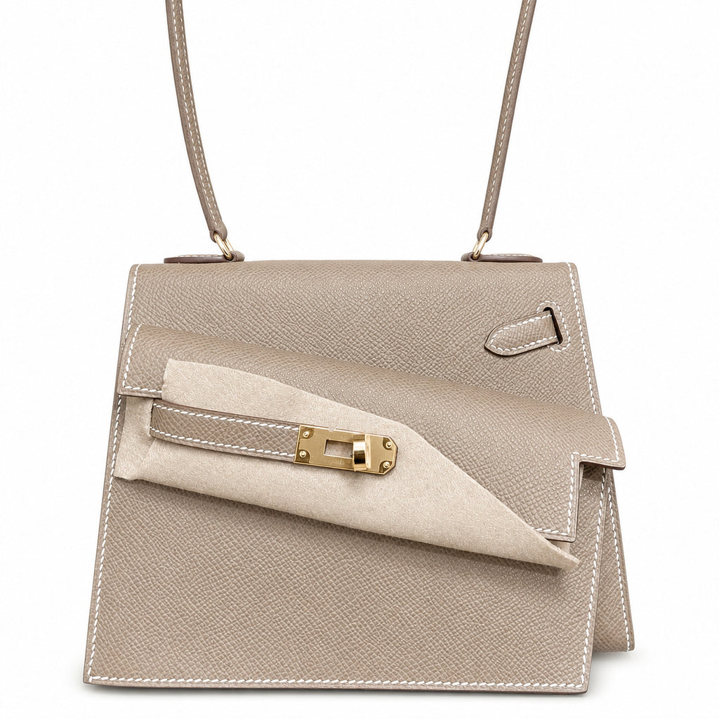 Kelly Desordre 20cm Sellier double-sided Epsom original palm print leather ck18 elephant gray Etoupe gold buckle GHw top hand sewing