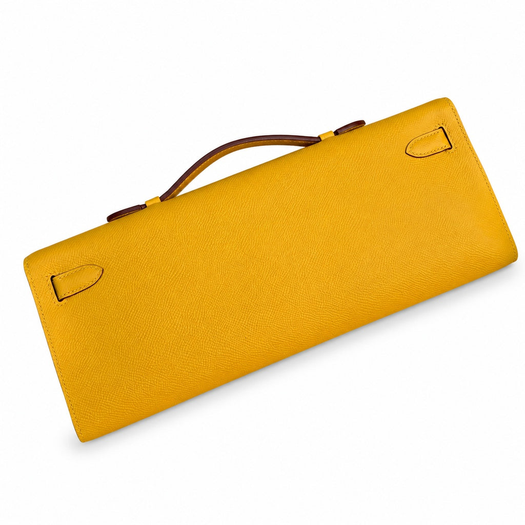 Kelly cut clutch, evening bag, epsom leather, wax thread hand-sewing, amber yellow, gold buckle