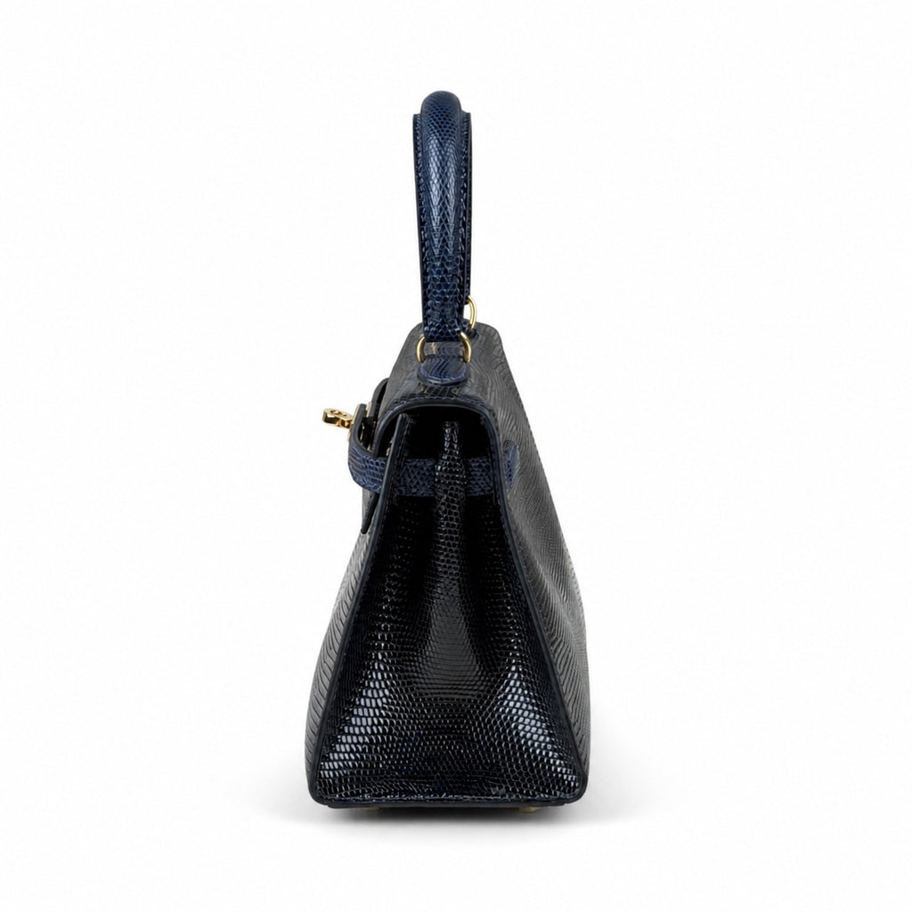 Kelly big ears, black with sapphire blue, original lizard leather, 20cm, completely handmade inside and outside, original hardware, shoulder strap❤️