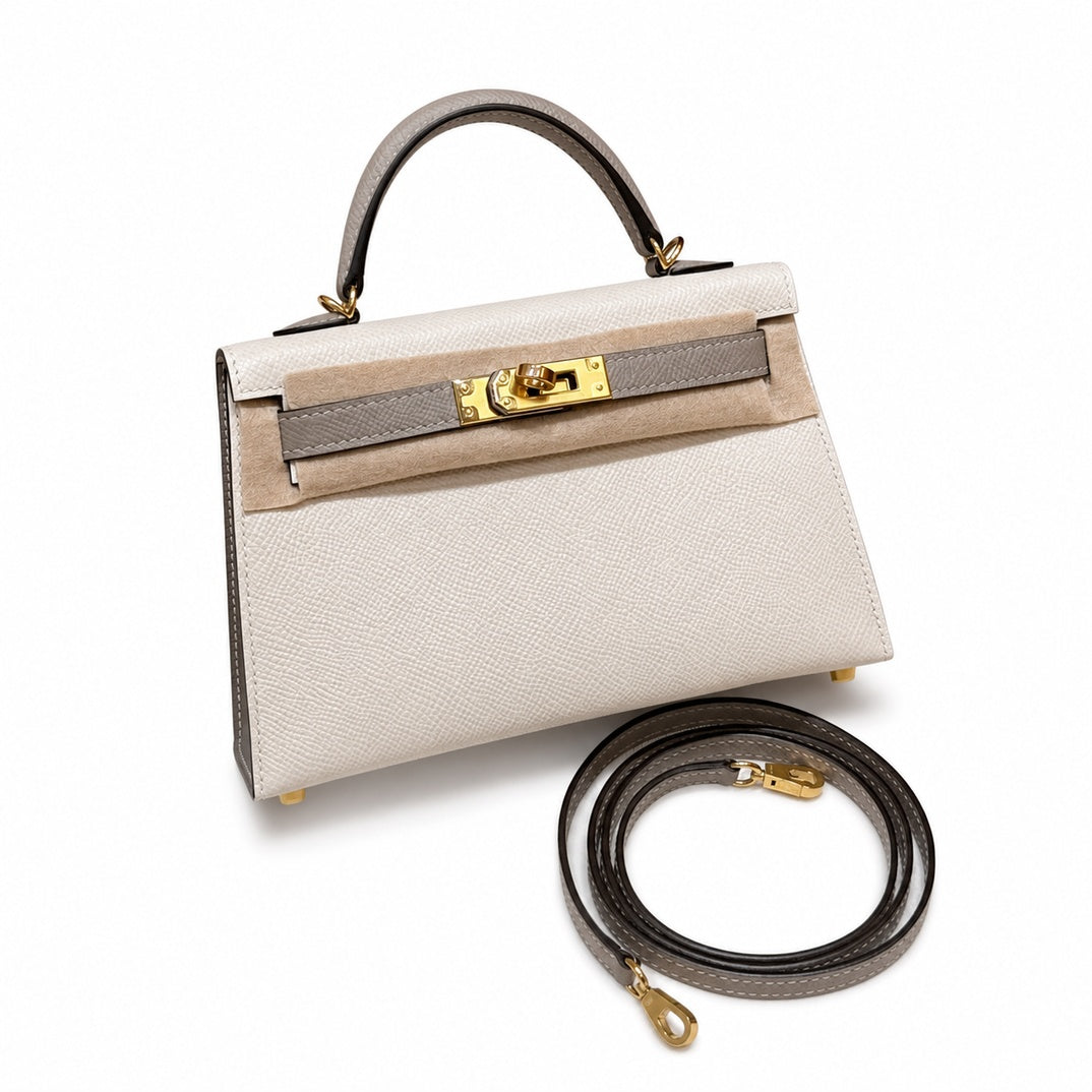 Style: mini kelly Color: ck10/craie/M8/Gris Asphalte Size: 19*12*5.5cm Leather: epsom From France Hardware: gold Mini Kelly second generation, milkshake white and starry sky gray, palm print cowhide i
