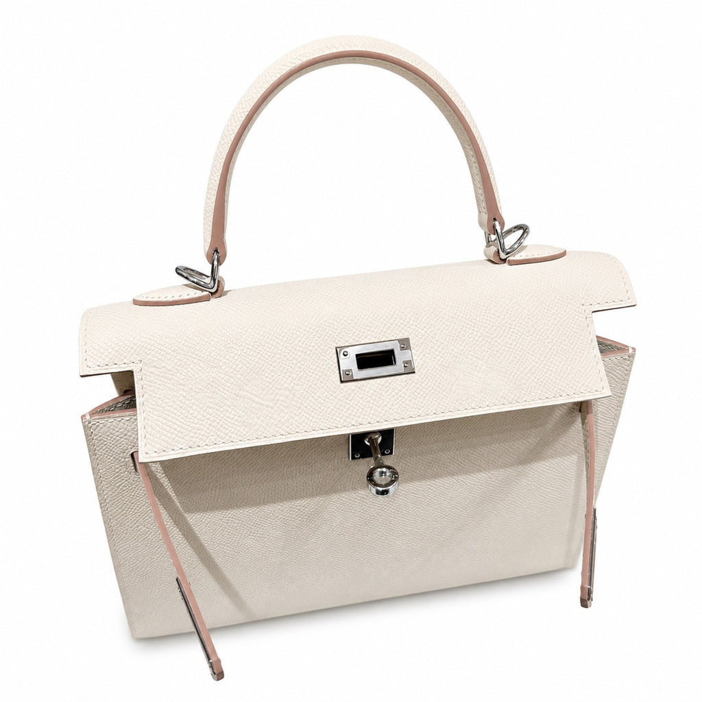 kelly25cm, i2/Nata, Epsom, sliver, all handmade‼ ️Kelly 25cm, cream white, palm print, silver buckle, high-end handmade exclusive customization‼ ️Purely hand-made nails, hand-engraved hardware, fine s