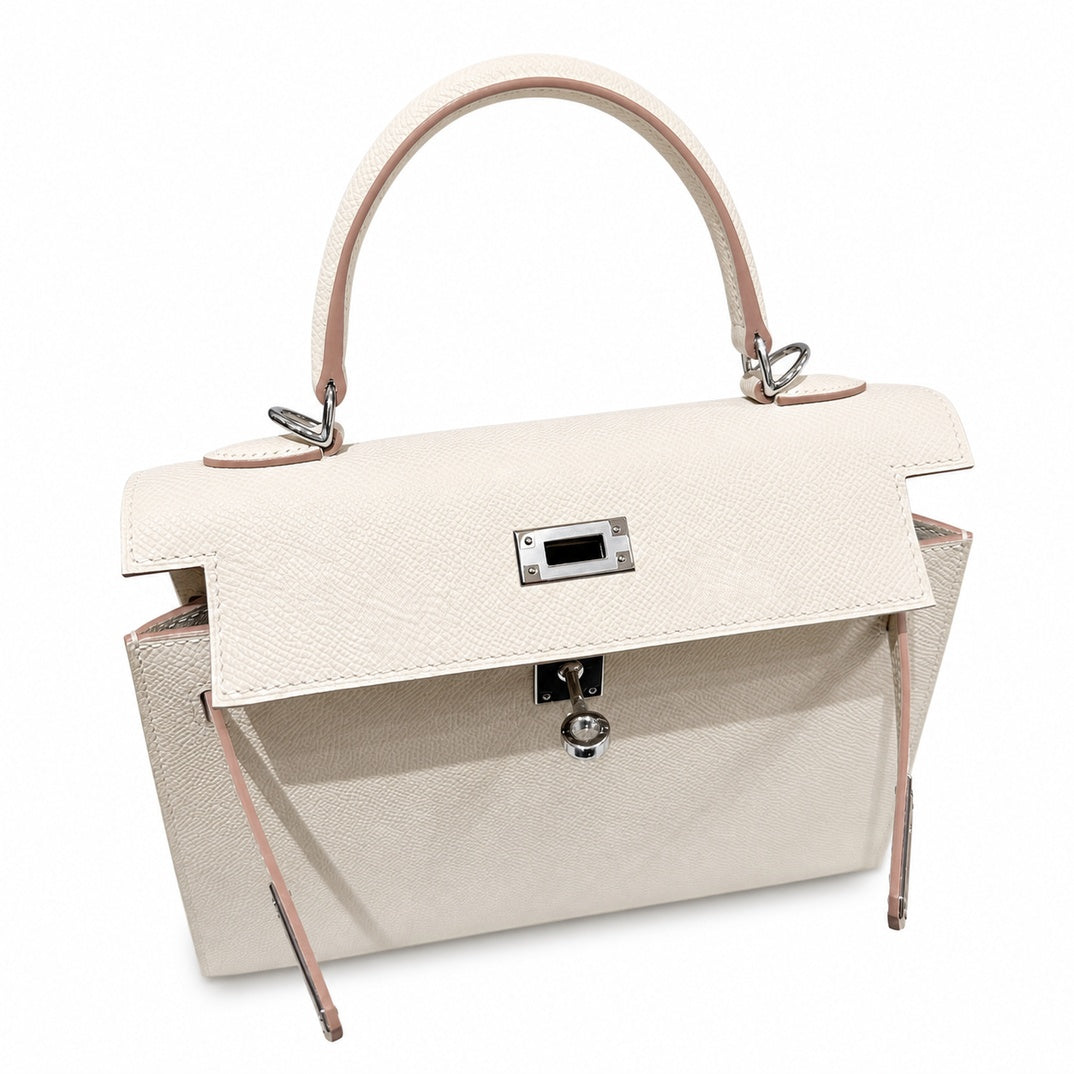 kelly25cm, i2/Nata, Epsom, sliver, all handmade‼ ️Kelly 25cm, cream white, palm print, silver buckle, high-end handmade exclusive customization‼ ️Purely hand-made nails, hand-engraved hardware, fine s