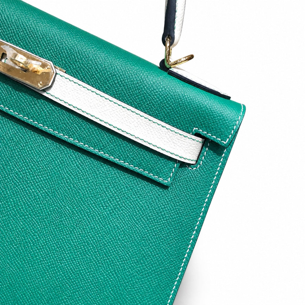 Kelly 28cm Epsom leather U4 Vert Vertigo velvet green with 10 Craie milkshake white top handcraft! Counter quality!