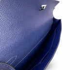 Kelly cut clutch, evening bag, epsom leather, waxed thread hand-stitching, sapphire blue, silver buckle