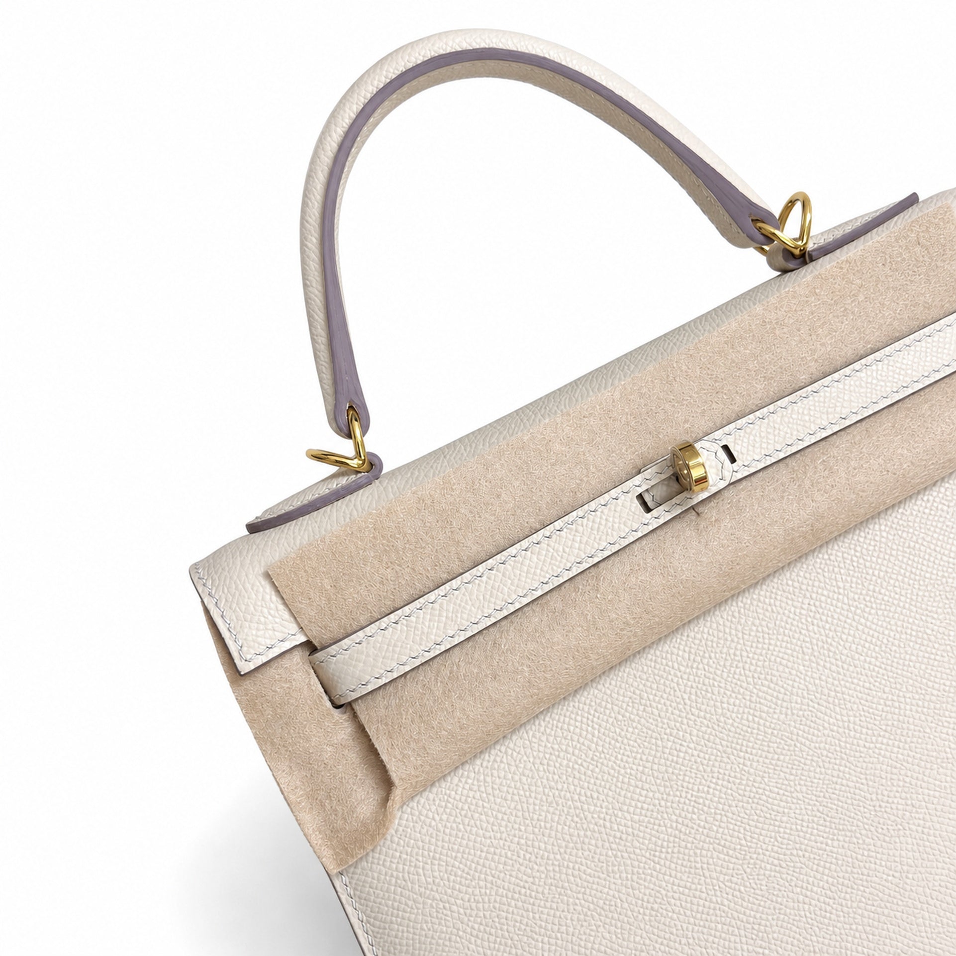 Milkshake white, gold buckle and silver buckle, Kelly 25, imported Epsom