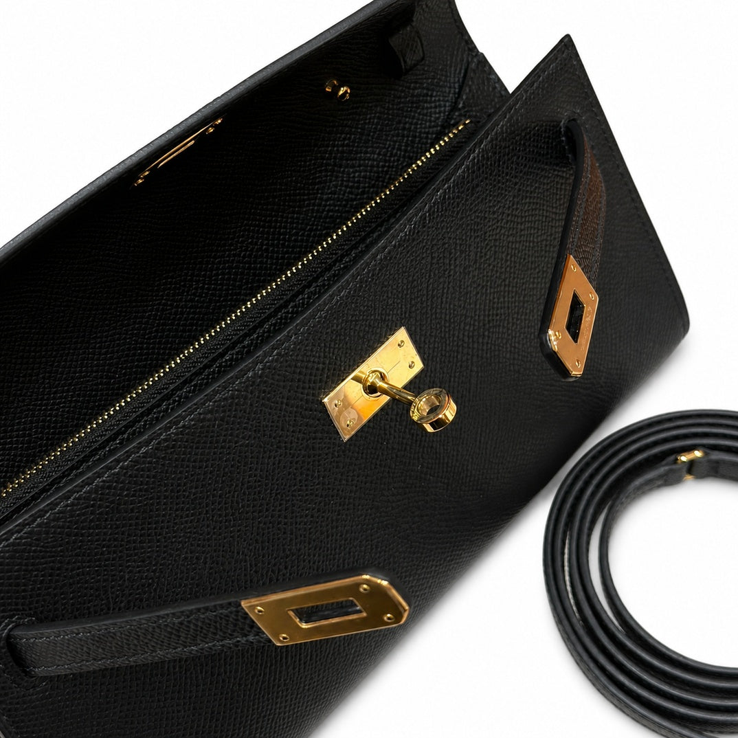Style: Kelly to go Color: ck89/noir Size: 19*11.5*1.5cm Leather: epsom From France Hardware: gold shoulder crossbody bag, clutch bag, black, cowhide, gold buckle, high-end handmade exclusive customiza