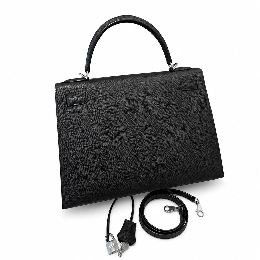 kelly32cm, ck89/Black, Epsom, sliver, all handmade‼ ️Kelly 32cm, black, palm print, silver buckle, high-end handmade exclusive customization‼ ️Purely hand-made nails, hand-engraved hardware, fine stee