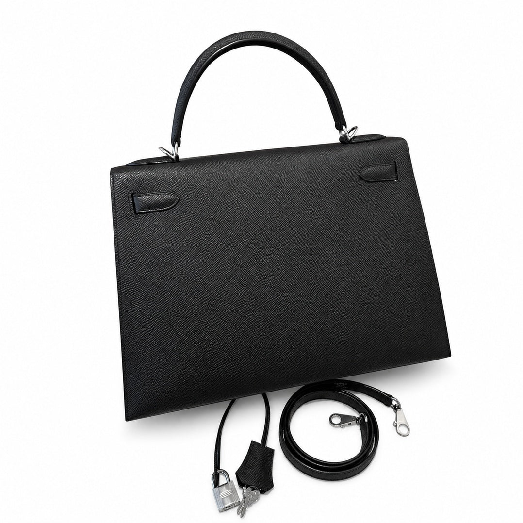 kelly32cm, ck89/Black, Epsom, sliver, all handmade‼ ️Kelly 32cm, black, palm print, silver buckle, high-end handmade exclusive customization‼ ️Purely hand-made nails, hand-engraved hardware, fine stee