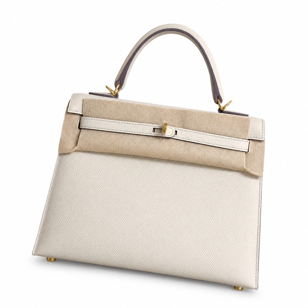 Milkshake white, gold buckle and silver buckle, Kelly 25, imported Epsom