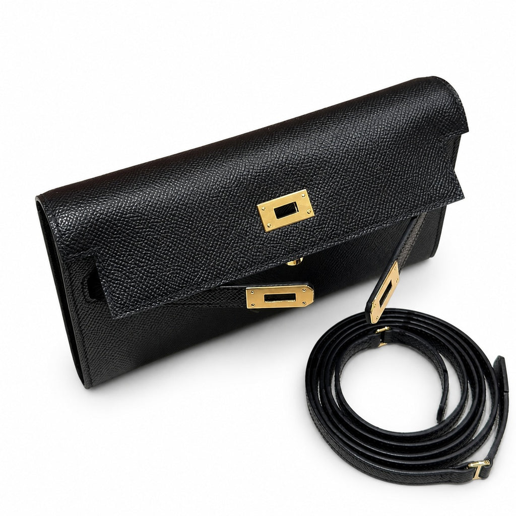 Style: Kelly to go Color: ck89/noir Size: 19*11.5*1.5cm Leather: epsom From France Hardware: gold shoulder crossbody bag, clutch bag, black, cowhide, gold buckle, high-end handmade exclusive customiza