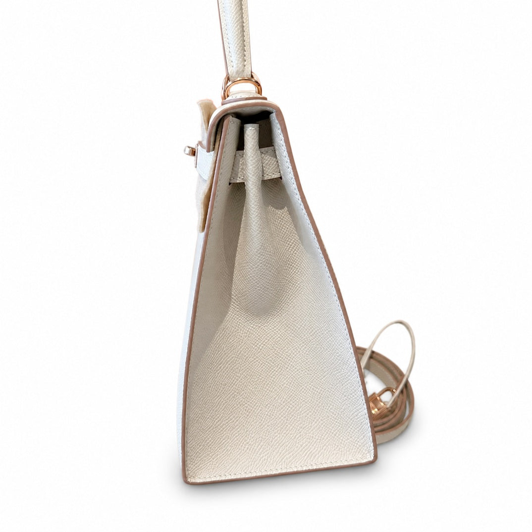 kelly28cm, ck10/Craie, Epsom, rose gold, all handmade‼ ️Kelly 28cm, milkshake white, palm print, rose gold buckle, high-end handmade exclusive customization‼ ️Purely hand-made nails, hand-engraved har