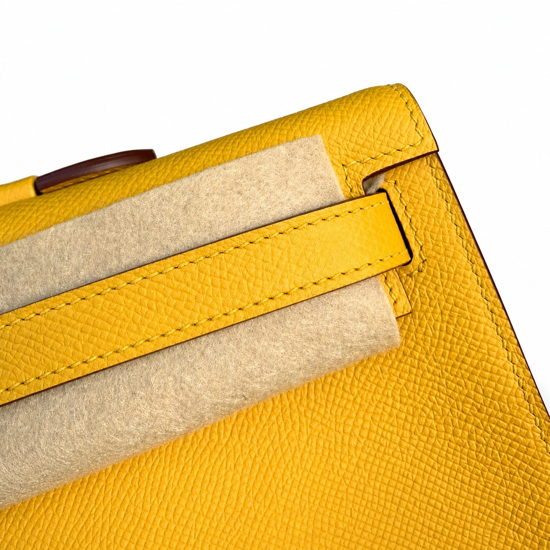 Kelly cut clutch, evening bag, epsom leather, wax thread hand-sewing, amber yellow, gold buckle