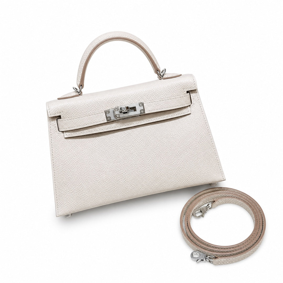 Style: mini kelly Color: ck10/craie Size: 19*12*5.5cm Leather: epsom From France Hardware: silver Mini Kelly second generation, milkshake white, French imported cowhide, silver buckle, high-end handma