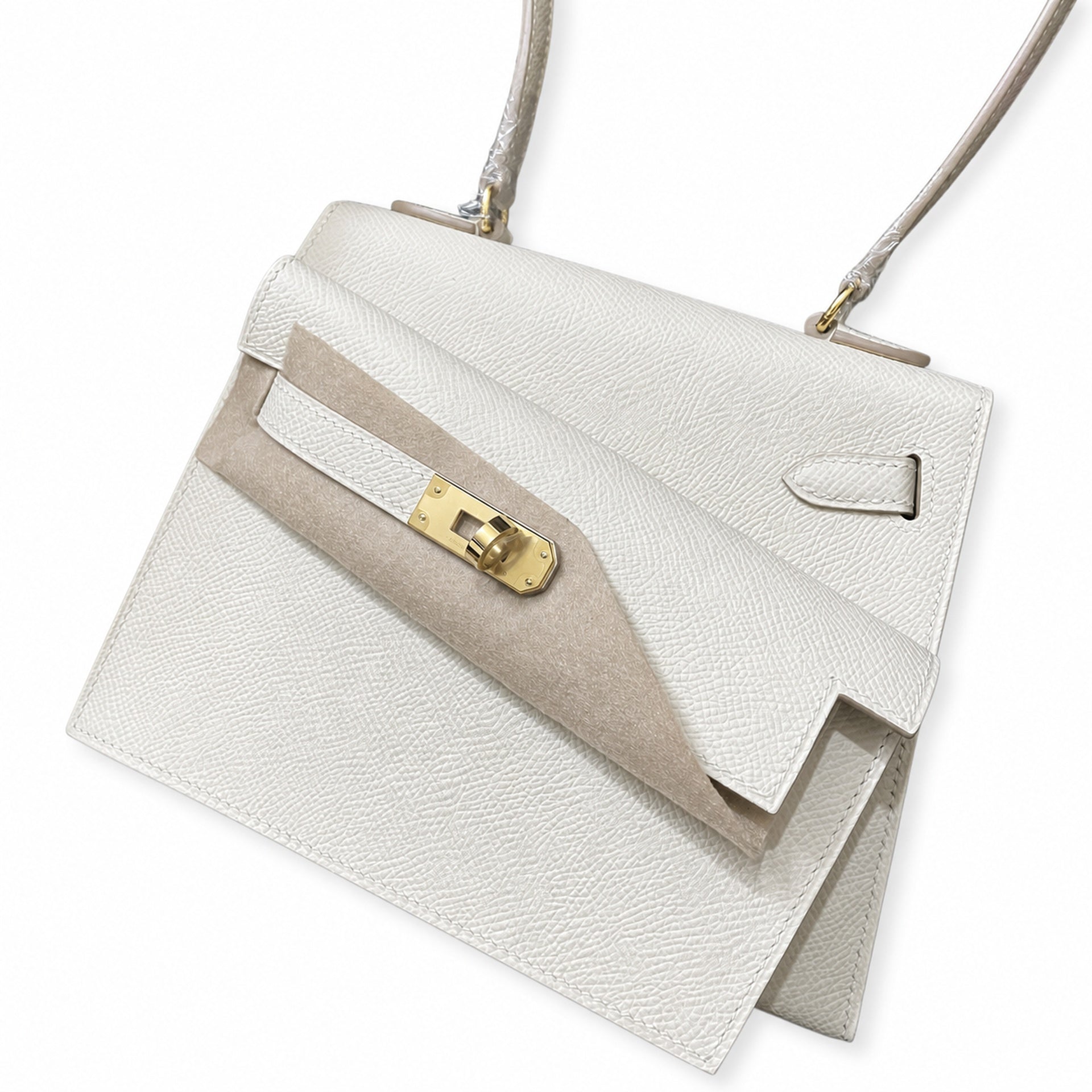 Kelly Desordre 20cm Sellier double-sided Epsom original palm print leather ck10 milkshake white Craie gold buckle GHw top hand sewing