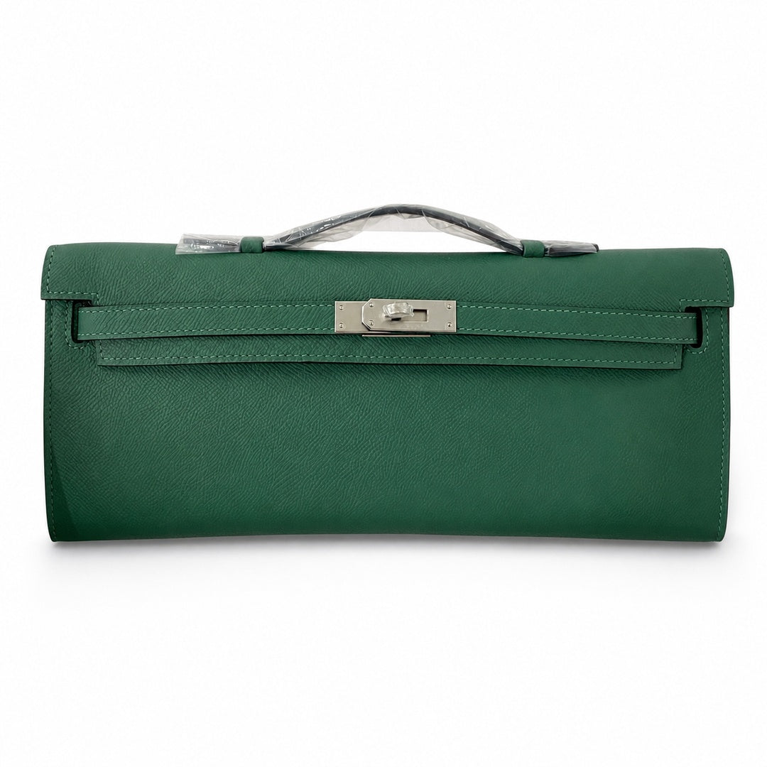 Kelly cut 31 clutch epsom malachite green silver buckle in stock