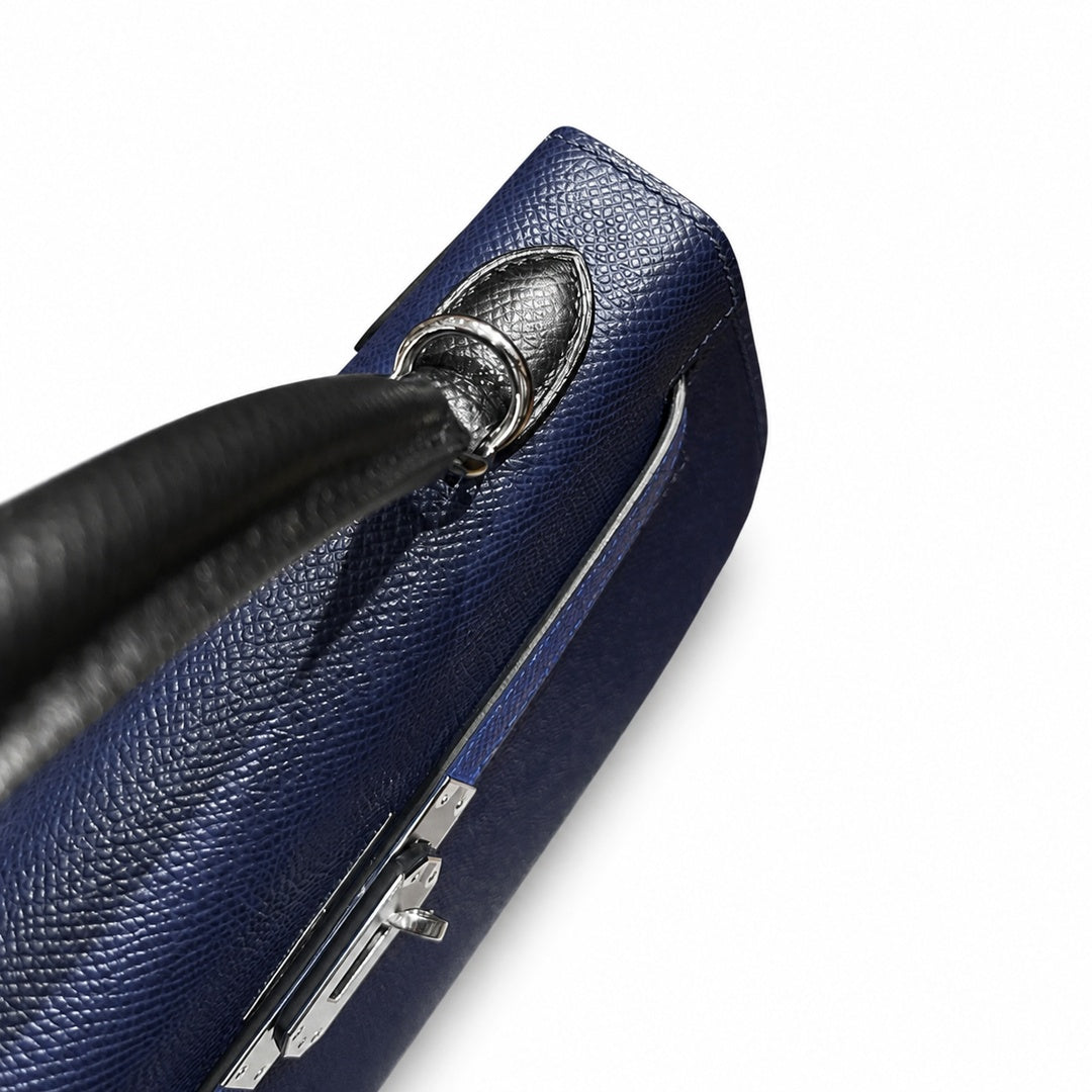 Kelly 25cm Epsom leather 2Z Blue Nuit midnight blue with 89 Noir black with 71 Bleu France French blue top handcraft! Counter quality!