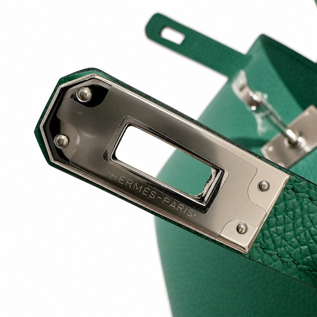 mini kelly 2, U4/Vert Verigo, Epsom, silver, 19cm, all handmade‼ ️Mini Kelly II, velvet green, palm print, silver buckle, 19cm, high-end fully handmade and customized‼ ️Purely hand-made nails, hand-en