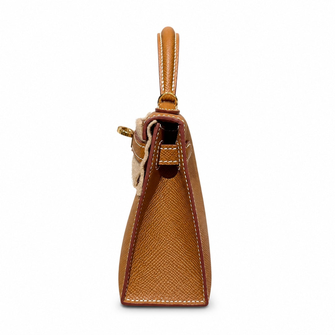 mini kelly 2, ck37/Gold, Epsom, gold, 19cm, all handmade‼ ️Mini Kelly II, golden brown, palm print, gold buckle, 19cm, high-end fully handmade and customized‼ ️Purely hand-made nails, hand-engraved ha