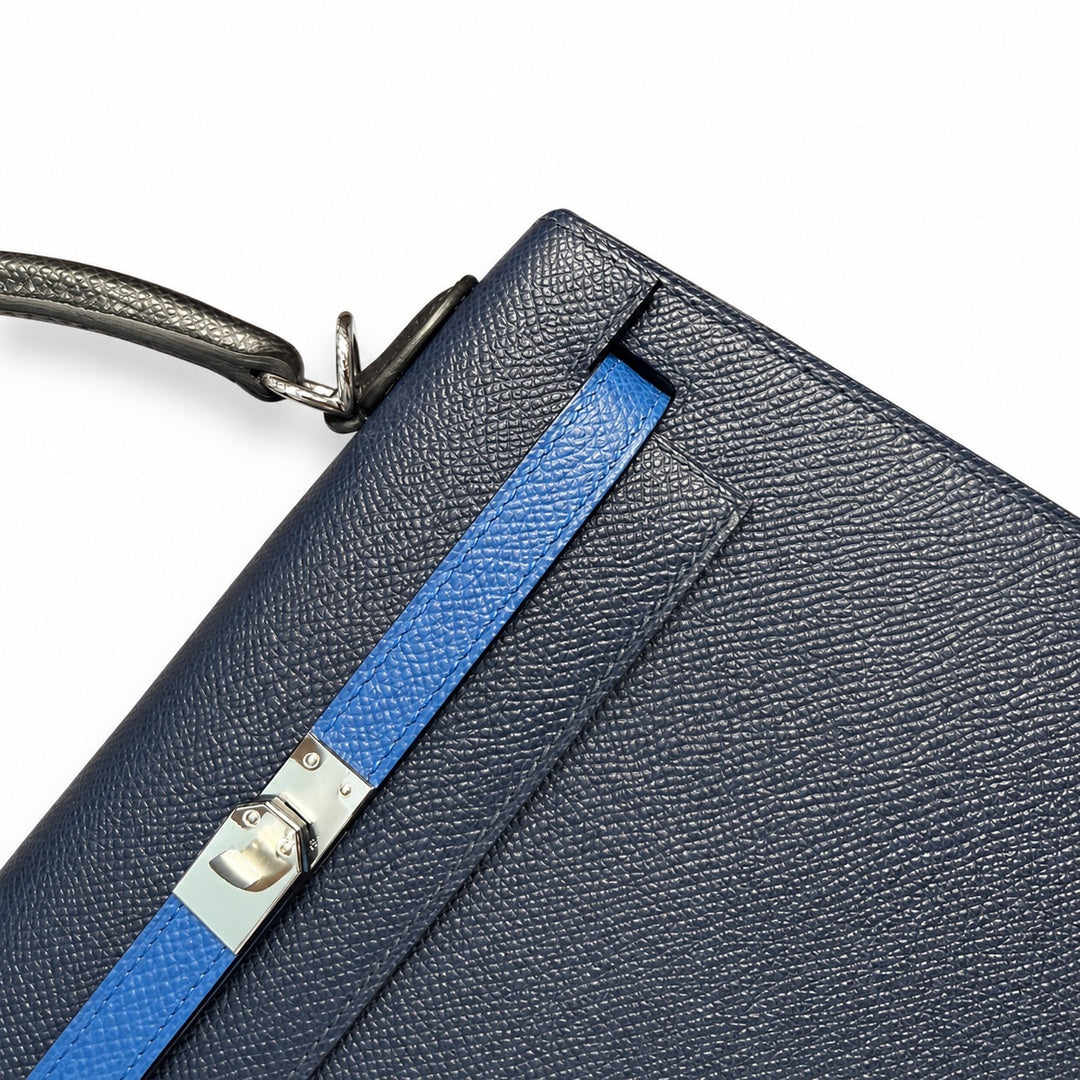 Kelly 25cm Epsom leather 2Z Blue Nuit midnight blue with 89 Noir black with 71 Bleu France French blue top handcraft! Counter quality!