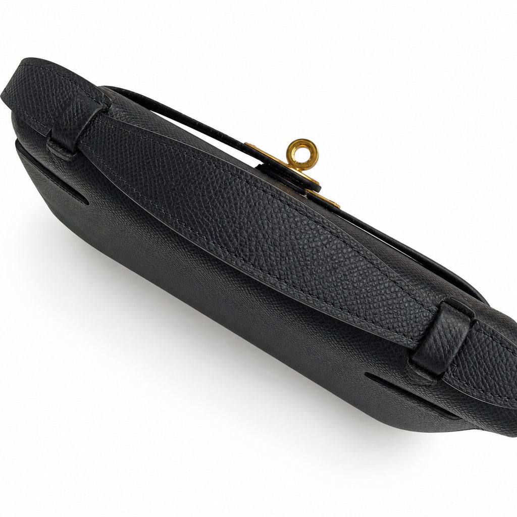 First generation handbag evening bag Kelly 22cm Epsom leather black gold buckle wax thread