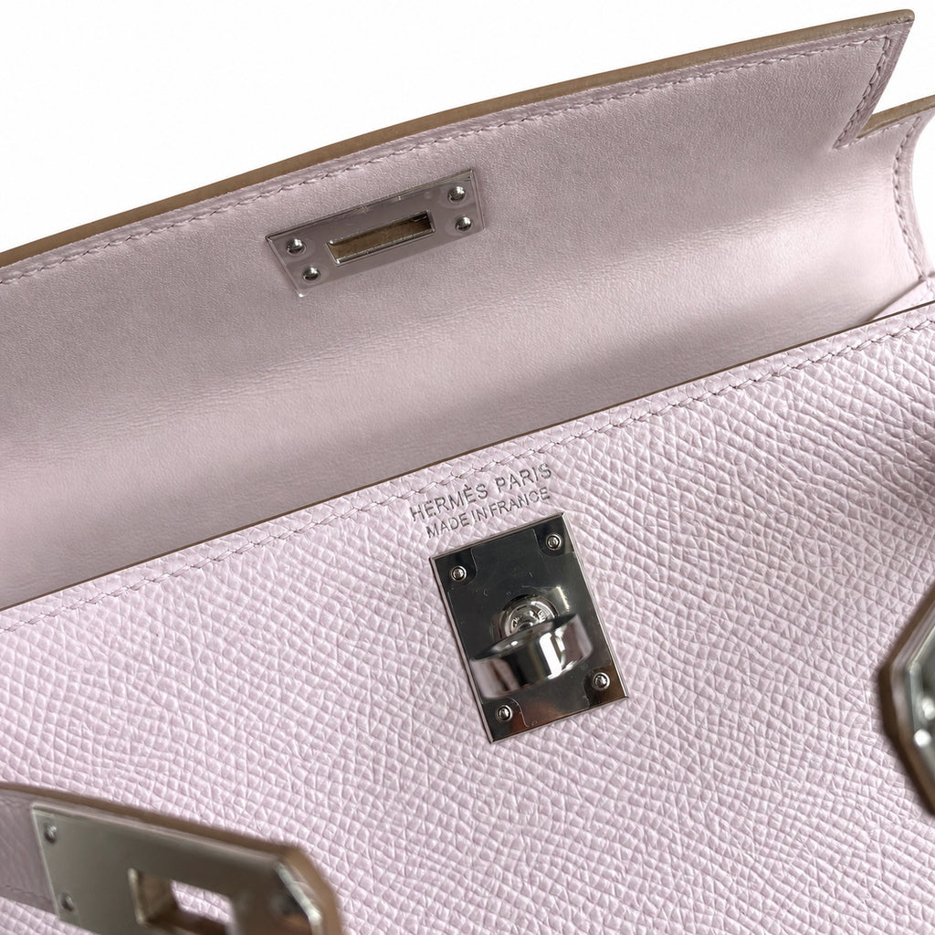 Ready stock: Fully hand-stitched 👉Second generation Mini Kelly 19cm imported Epsom leather dreamy pink and purple silver buckle