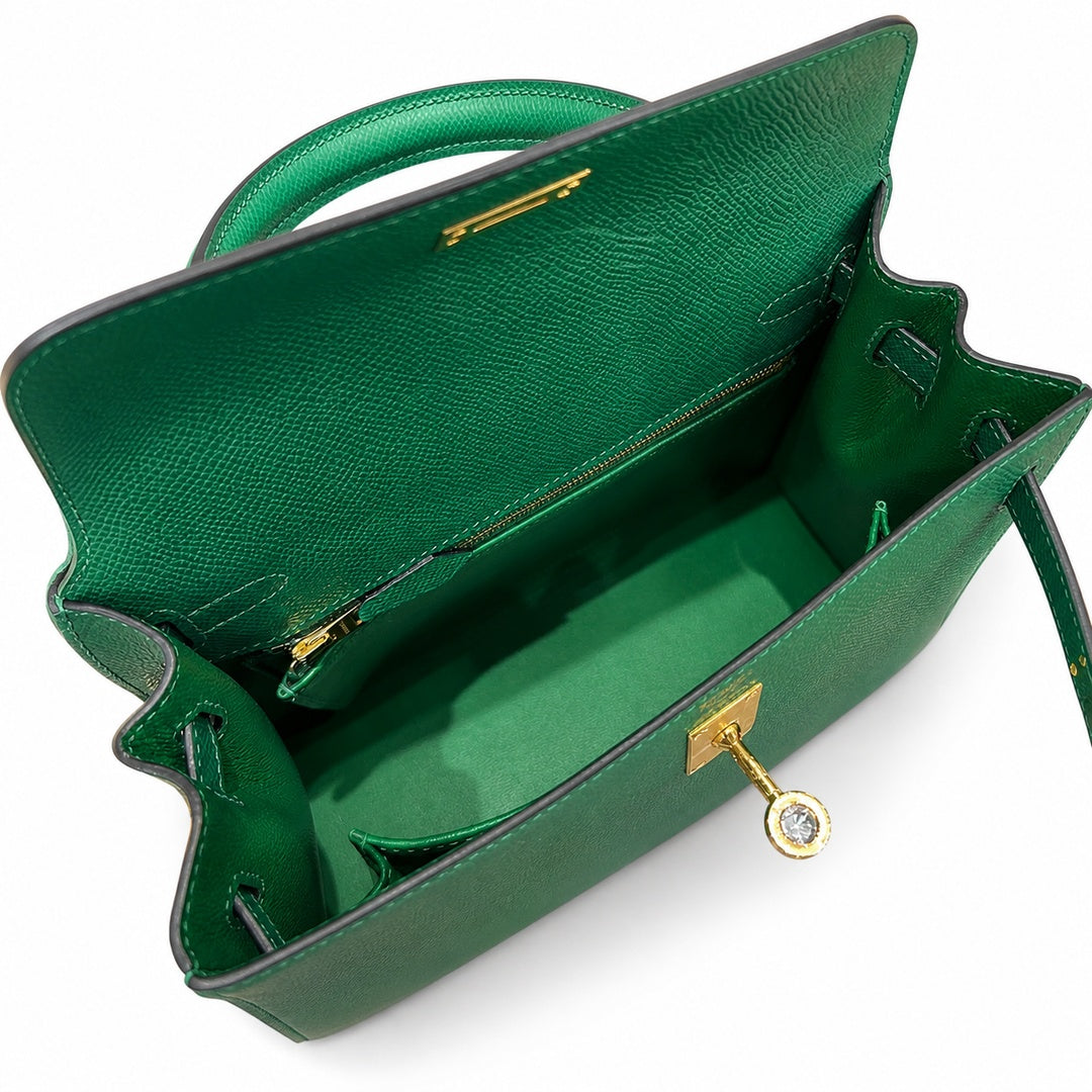 Kelly 25cm Epsom leather U4 Vert Veryigo velvet green top handmade! Counter quality!