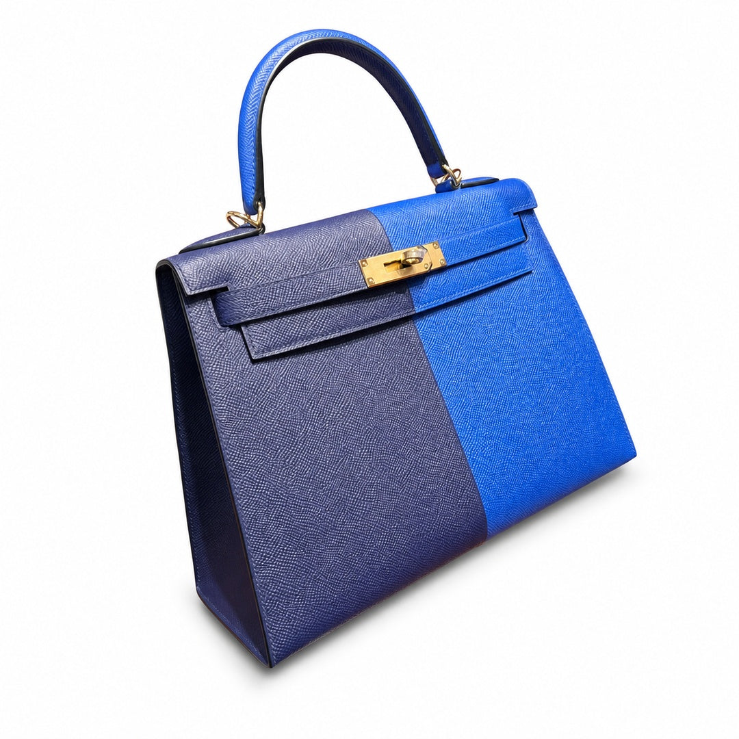 Kelly 28cm Epsom leather 73 Bleu Saphir sapphire blue combined with 71 Bleu France French blue top handcraft! Counter quality!