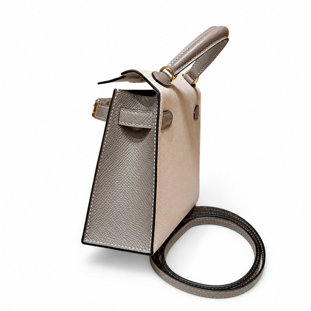 Style: mini kelly Color: ck10/craie/M8/Gris Asphalte Size: 19*12*5.5cm Leather: epsom From France Hardware: gold Mini Kelly second generation, milkshake white and starry sky gray, palm print cowhide i