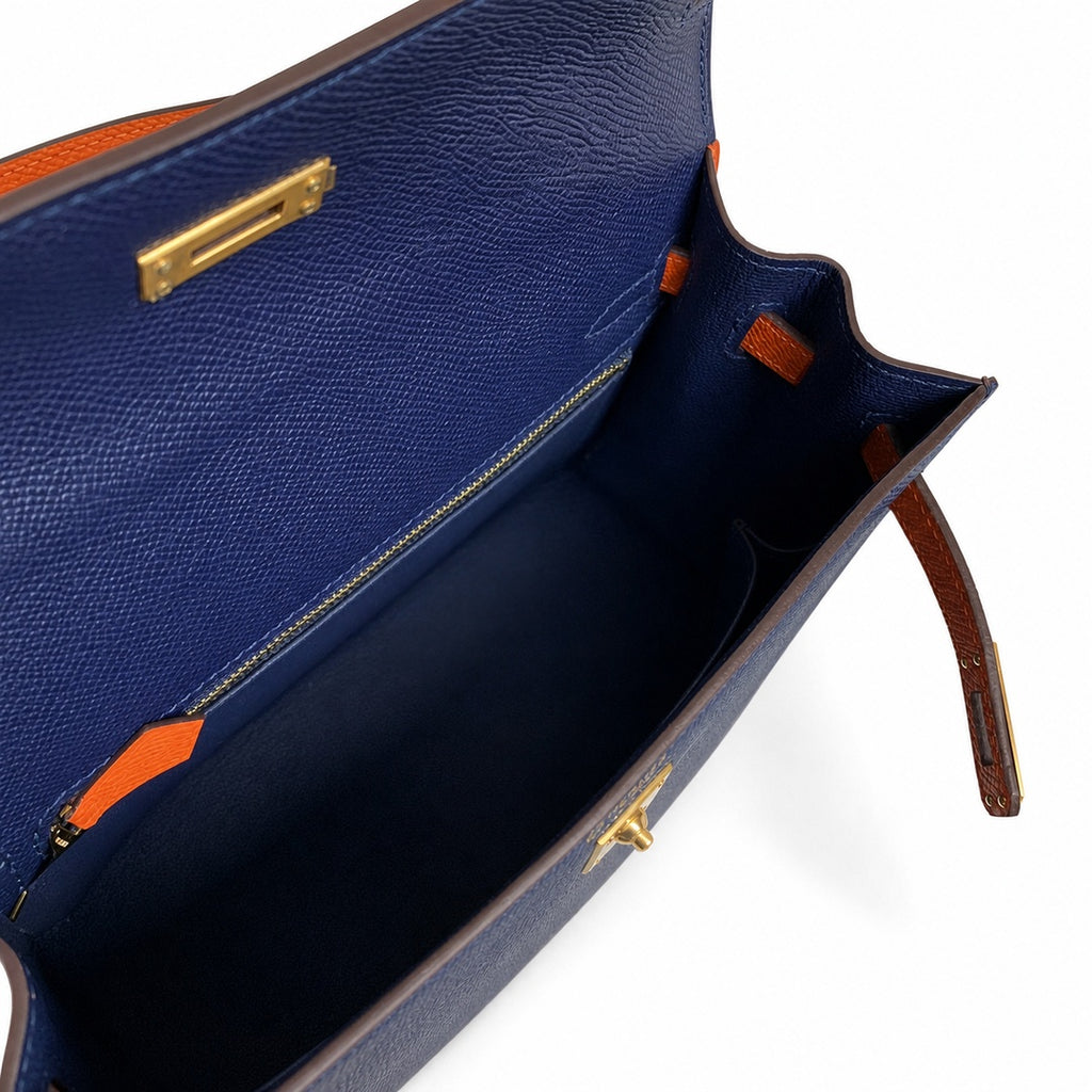 Custom order💕kelly25 sapphire blue with classic orange epsom frosted gold buckle handmade