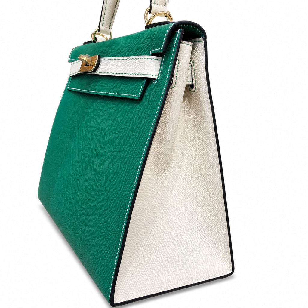 Kelly 28cm Epsom leather U4 Vert Vertigo velvet green with 10 Craie milkshake white top handcraft! Counter quality!