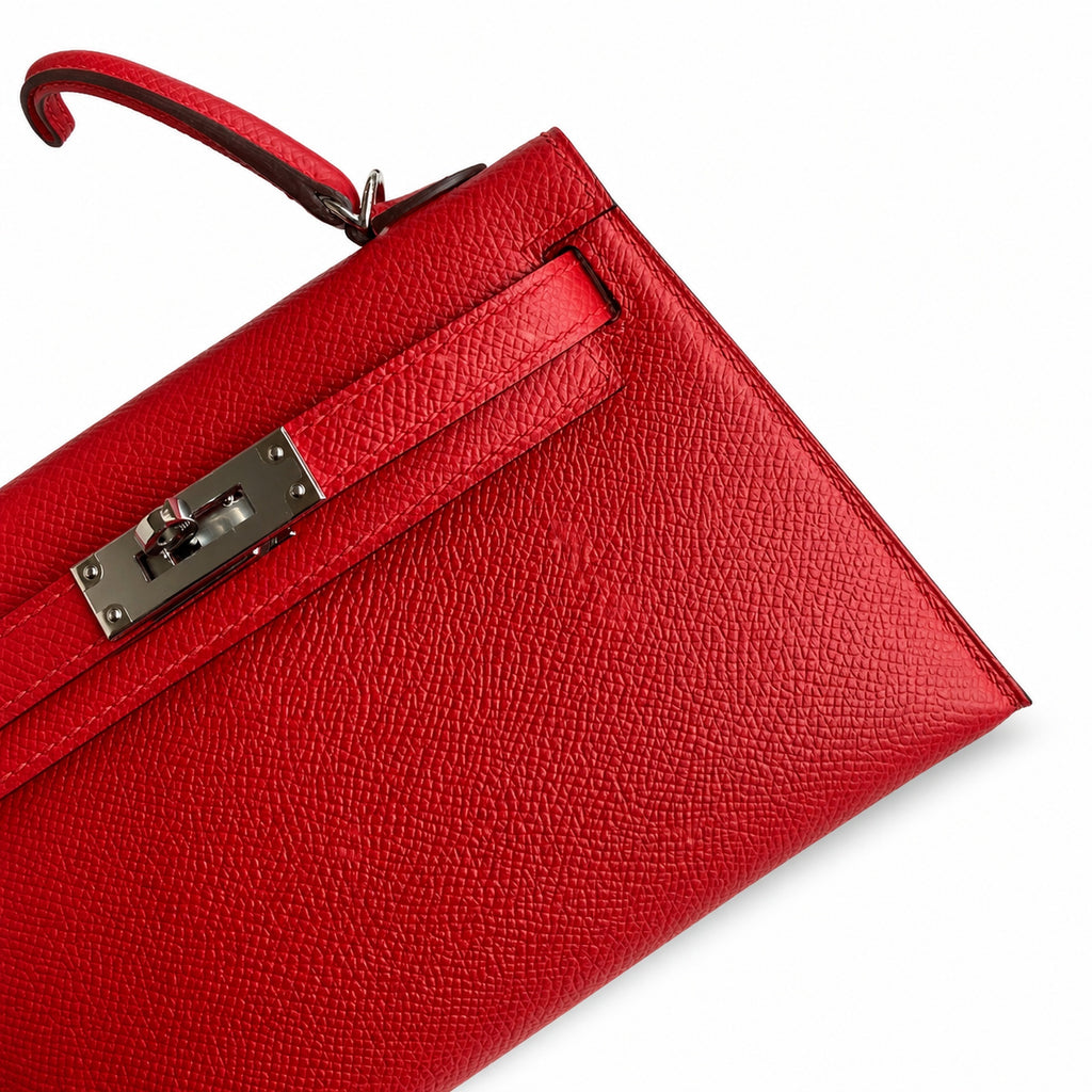 Fully hand-sewn👉Second generation Mini Kelly 19cm imported Epsom leather flag red silver buckle