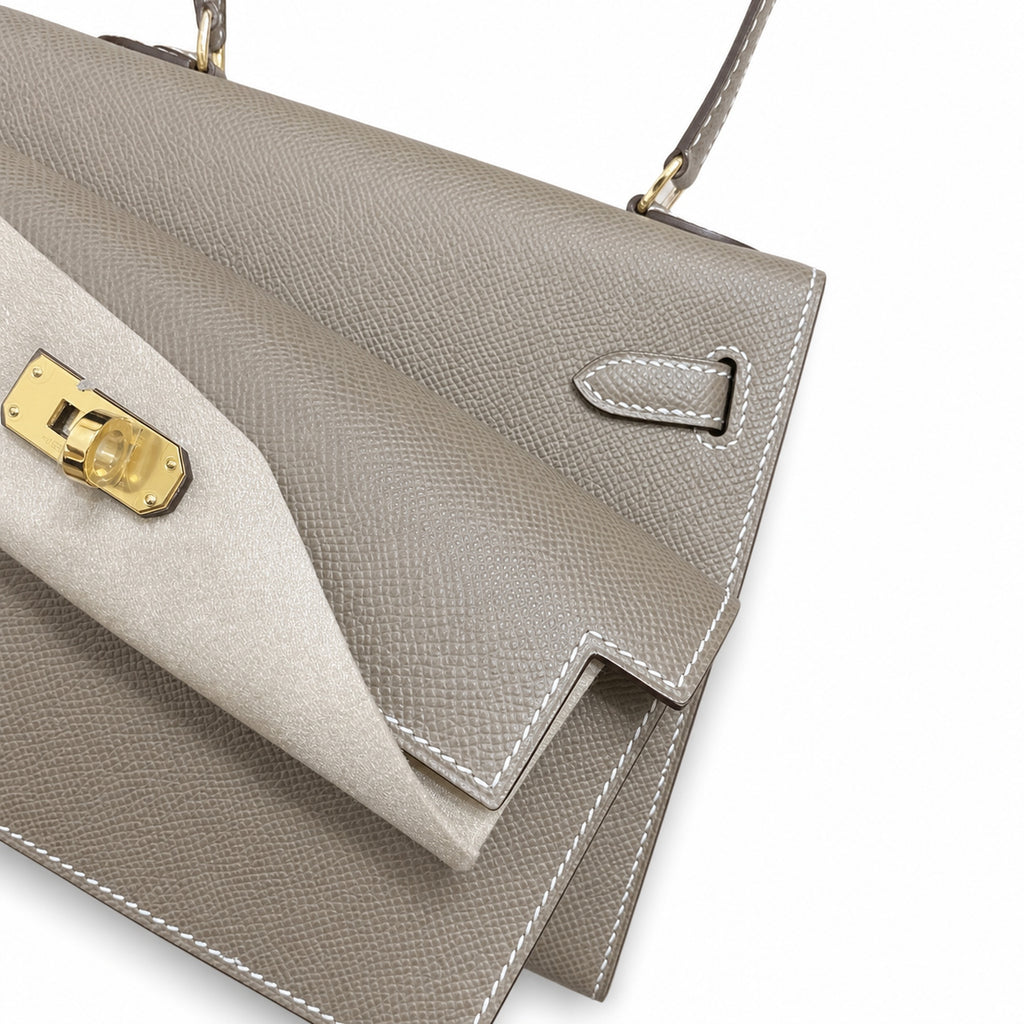 Kelly Desordre 20cm Sellier double-sided Epsom original palm print leather ck18 elephant gray Etoupe gold buckle GHw top hand sewing