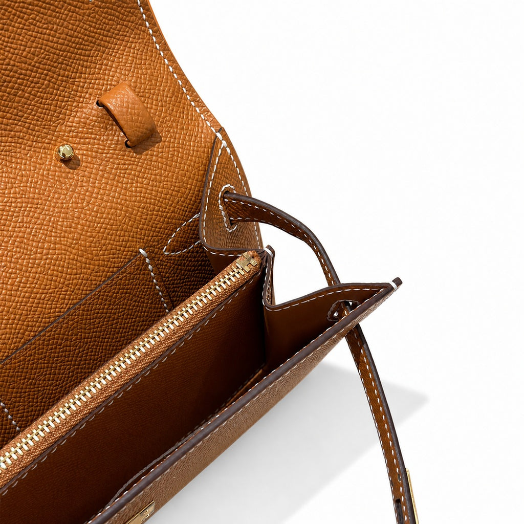 Style: Kelly to go Color: ck37/gold Size: 19*11.5*1.5cm Leather: epsom From France Hardware: gold Kelly crossbody bag, golden brown, cowhide, gold buckle, high-end handmade exclusive customization‼ ️P