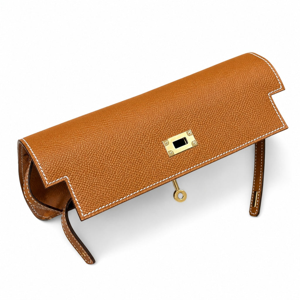 Style: Kelly to go Color: ck37/gold Size: 19*11.5*1.5cm Leather: epsom From France Hardware: gold Kelly crossbody bag, golden brown, cowhide, gold buckle, high-end handmade exclusive customization‼ ️P
