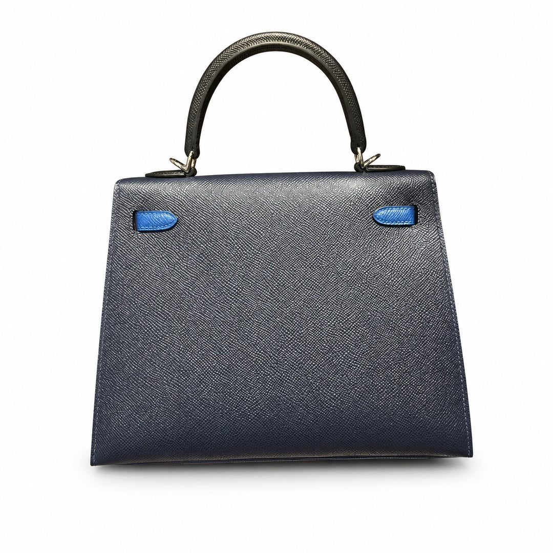 Kelly 25cm Epsom leather 2Z Blue Nuit midnight blue with 89 Noir black with 71 Bleu France French blue top handcraft! Counter quality!