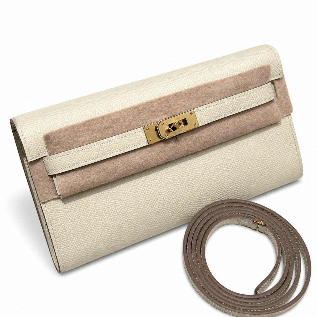 Style: Kelly to go Color: ck10/Craie Size: 19*11.5*1.5cm Leather: epsom From France Hardware: gold Kelly crossbody bag, milkshake white, cowhide, gold buckle, high-end handmade exclusive customization