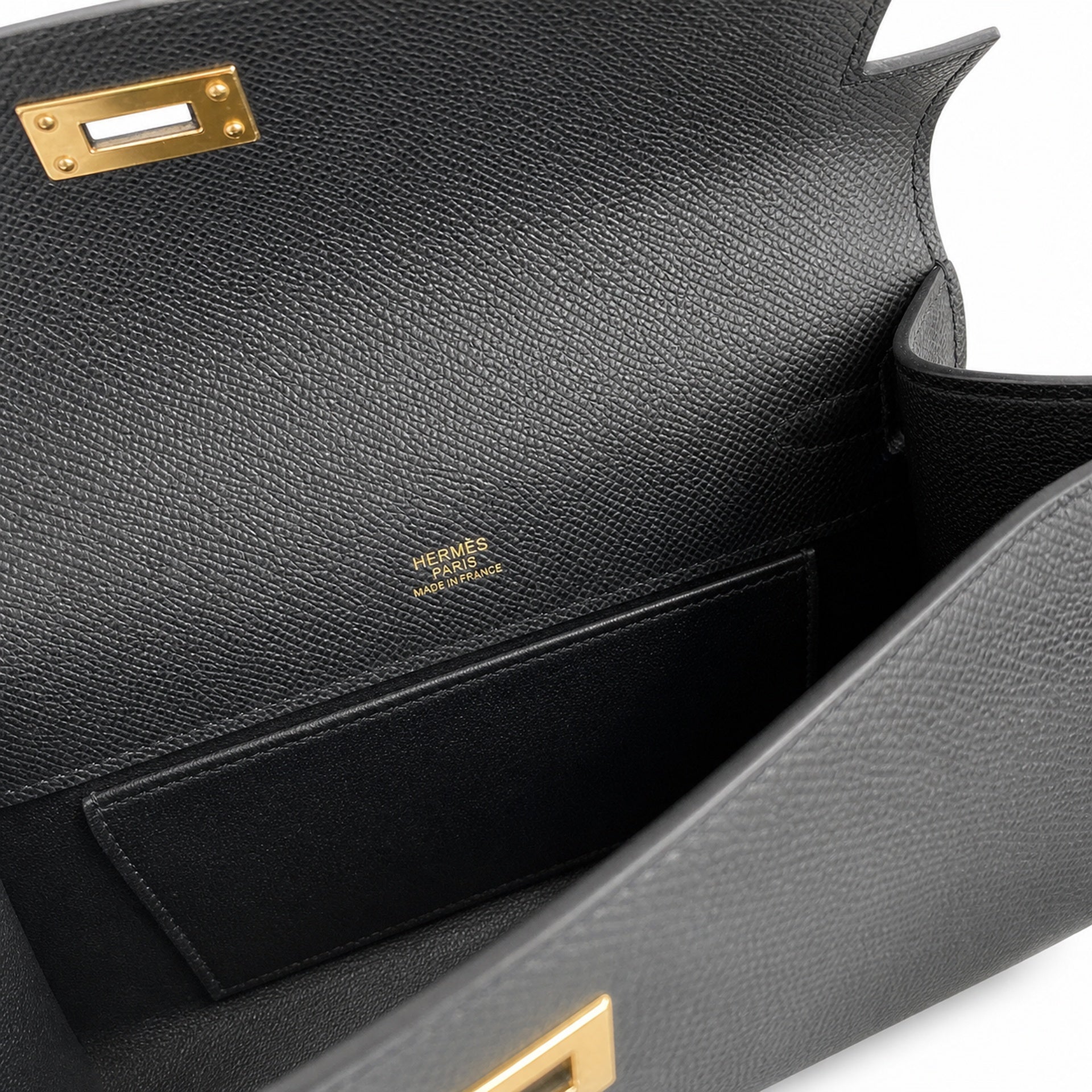 First generation handbag evening bag Kelly 22cm Epsom leather black gold buckle wax thread