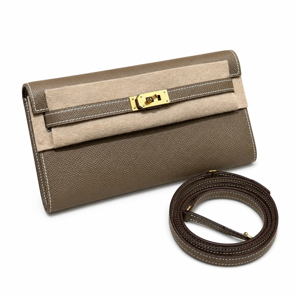 Style: Kelly to go Color: ck18/etoupe Size: 19*11.5*1.5cm Leather: epsom From France Hardware: gold Kelly shoulder crossbody bag, elephant gray, cowhide, gold buckle, high-end handmade exclusive custo