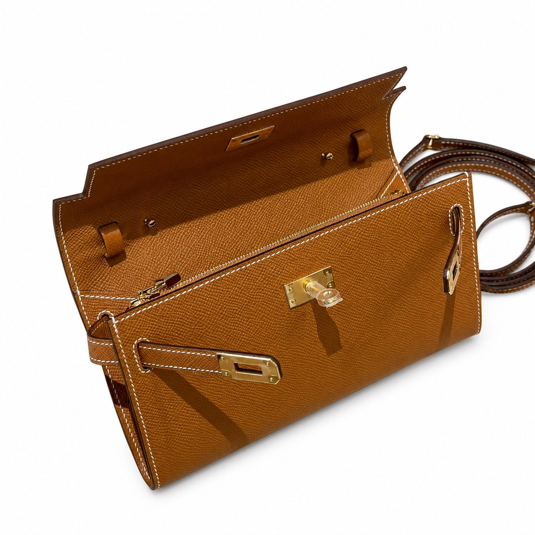 Style: Kelly to go Color: ck37/gold Size: 19*11.5*1.5cm Leather: epsom From France Hardware: gold Kelly crossbody bag, golden brown, cowhide, gold buckle, high-end handmade exclusive customization‼ ️P