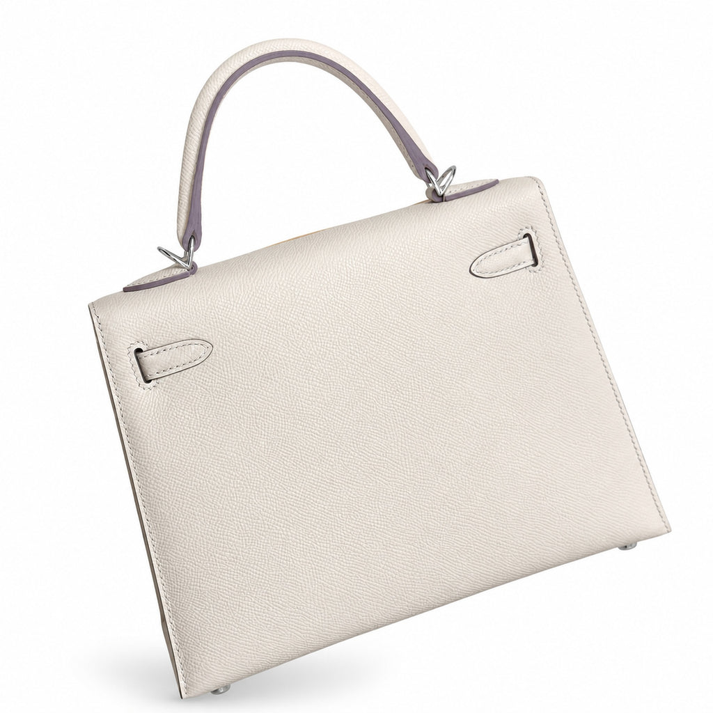 Milkshake white, gold buckle and silver buckle, Kelly 25, imported Epsom