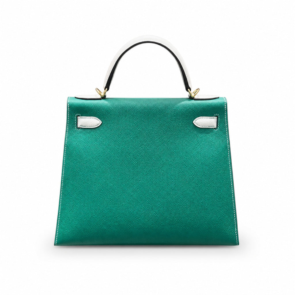 Kelly 28cm Epsom leather U4 Vert Vertigo velvet green with 10 Craie milkshake white top handcraft! Counter quality!