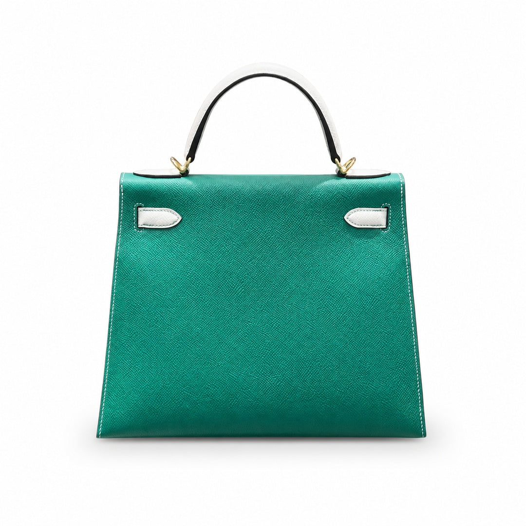 Kelly 28cm Epsom leather U4 Vert Vertigo velvet green with 10 Craie milkshake white top handcraft! Counter quality!