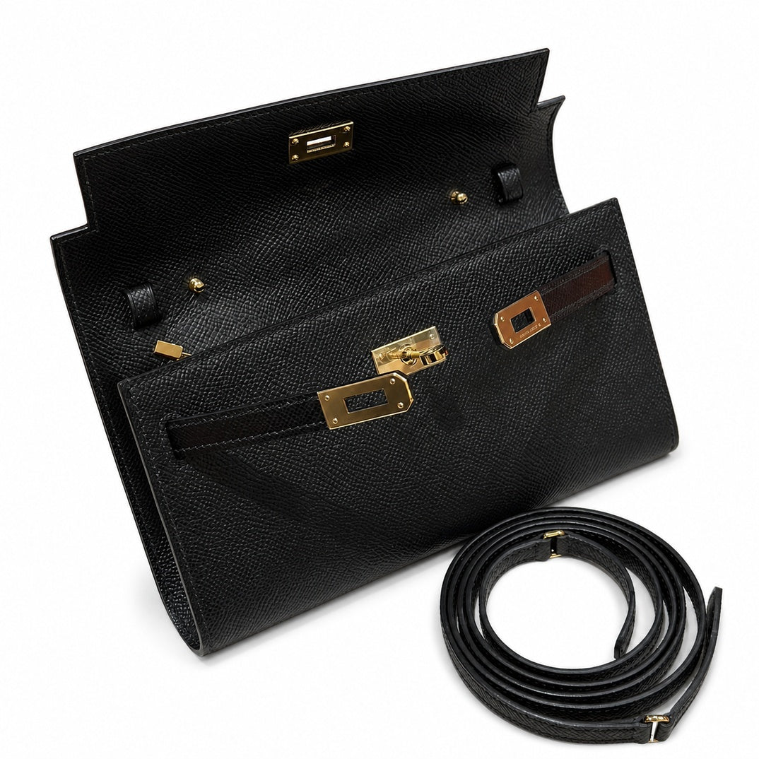 Style: Kelly to go Color: ck89/noir Size: 19*11.5*1.5cm Leather: epsom From France Hardware: gold shoulder crossbody bag, clutch bag, black, cowhide, gold buckle, high-end handmade exclusive customiza