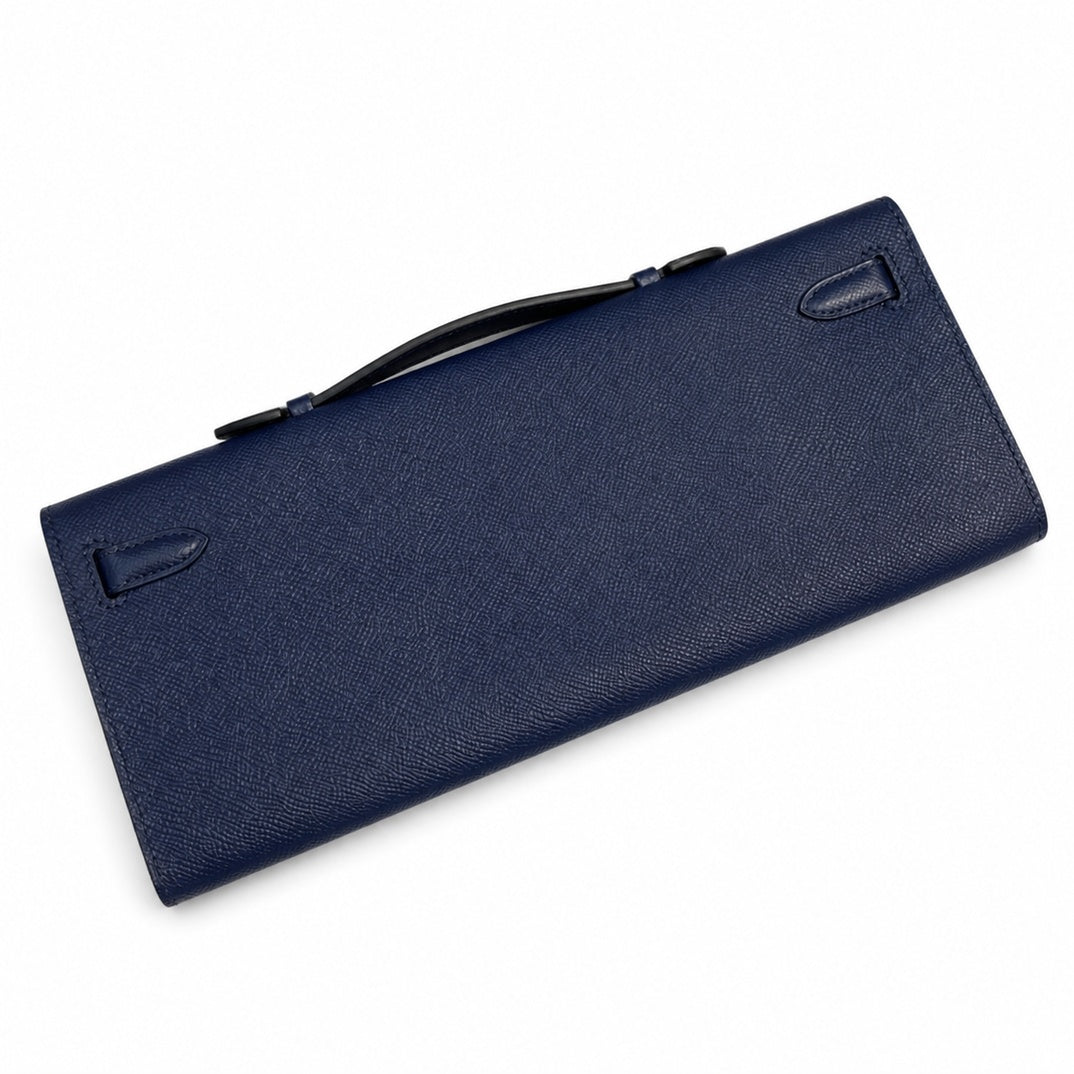 Kelly cut clutch, evening bag, epsom leather, waxed thread hand-stitching, sapphire blue, silver buckle