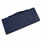 Kelly cut clutch, evening bag, epsom leather, waxed thread hand-stitching, sapphire blue, silver buckle
