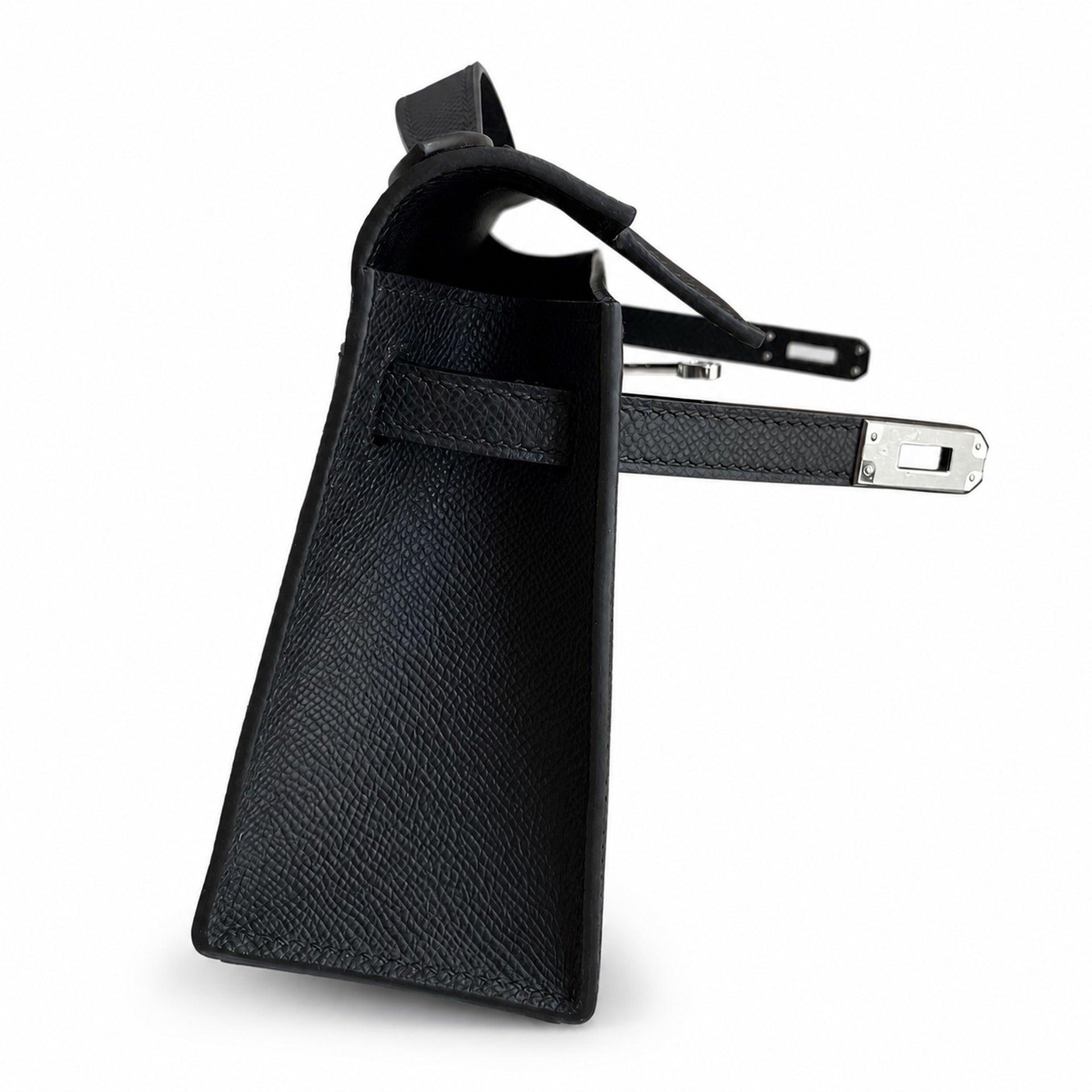 First generation handbag evening bag Kelly 22cm Epsom leather black silver buckle wax thread