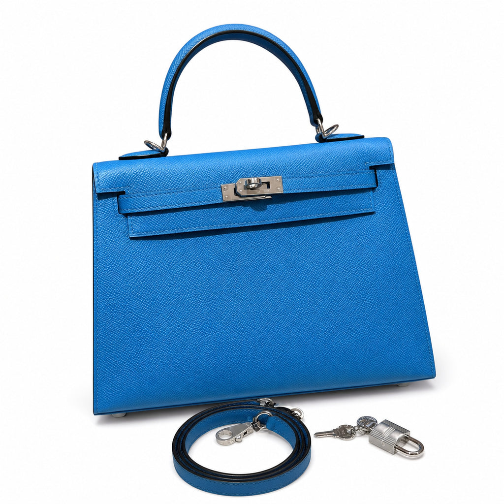 kelly25cm, OF/Blue fride, Epsom, sliver, all handmade‼ ️Kelly 25cm, Florida blue, palm print, silver buckle, high-end handmade exclusive customization‼ ️Purely hand-made nails, hand-engraved hardware,