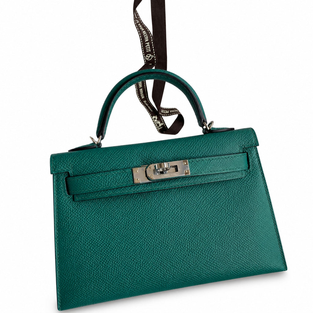 Fully hand-sewn👉Second generation Mini Kelly 19cm imported Epsom leather malachite green silver buckle