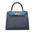 Kelly 25cm Epsom leather 2Z Blue Nuit midnight blue with 89 Noir black with 71 Bleu France French blue top handcraft! Counter quality!